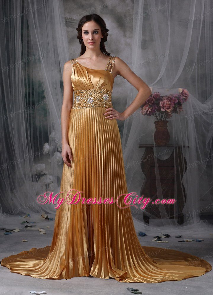 Ruching Gold Empire Asymmetrical Celebrity Dress Beading Brush Train