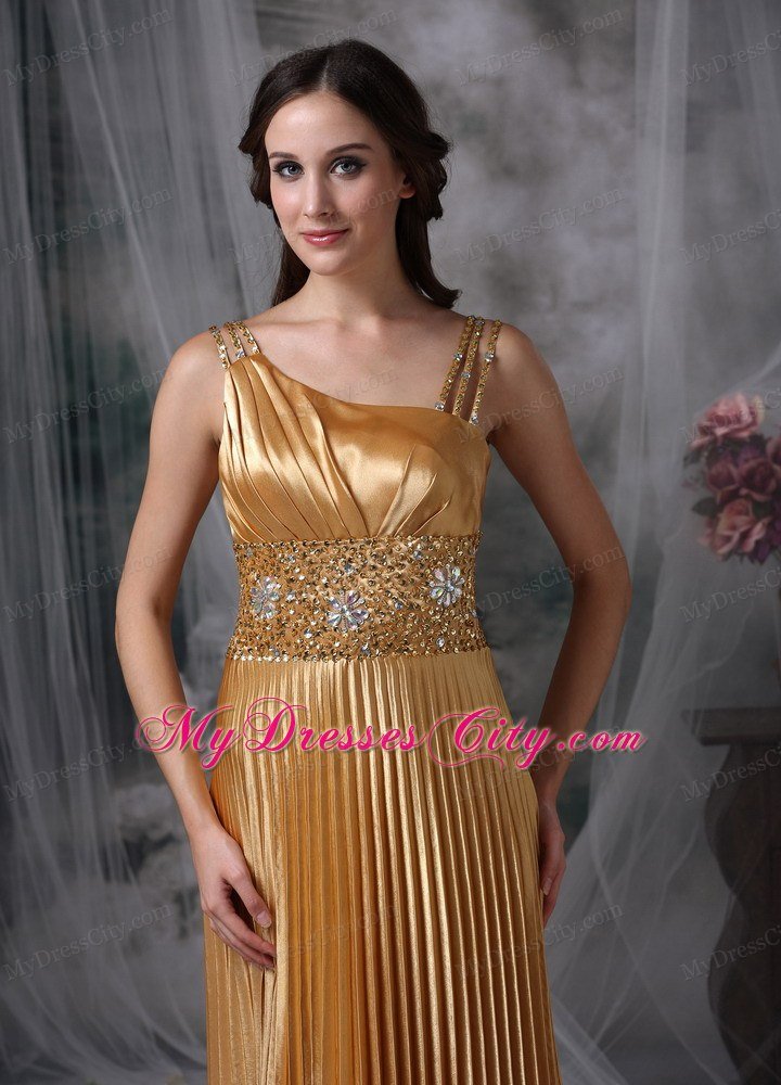 Ruching Gold Empire Asymmetrical Celebrity Dress Beading Brush Train