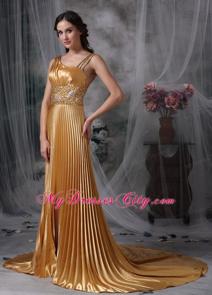 Ruching Gold Empire Asymmetrical Celebrity Dress Beading Brush Train