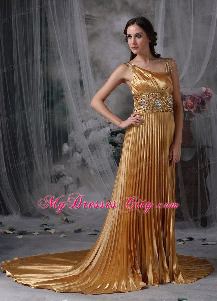 Ruching Gold Empire Asymmetrical Celebrity Dress Beading Brush Train