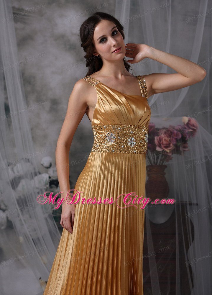 Ruching Gold Empire Asymmetrical Celebrity Dress Beading Brush Train