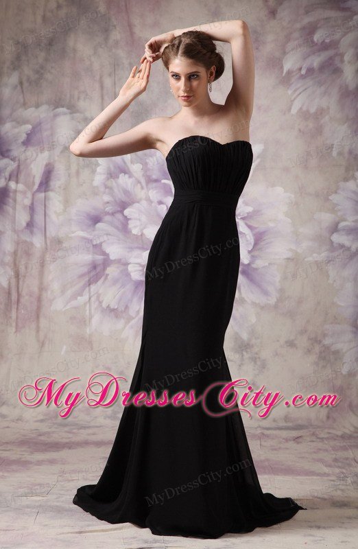 Black Celebrity Dress Column Sweetheart Brush Train Chiffon Ruching