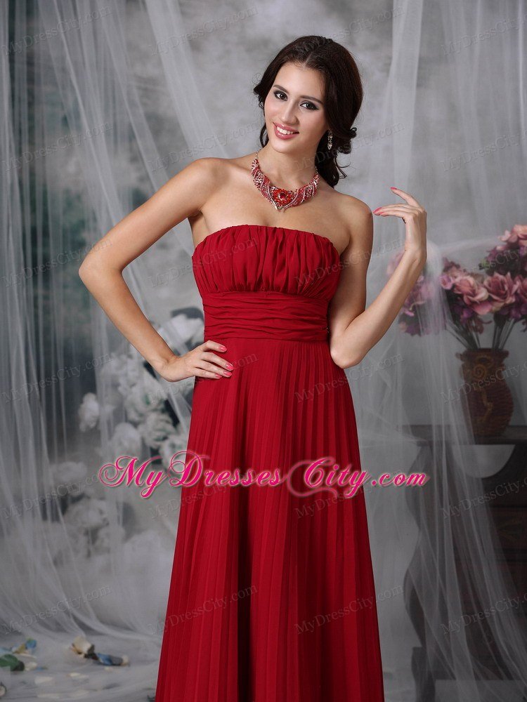 Wine Red Celebrity Dress Empire Strapless Chiffon Ruche Floor-length