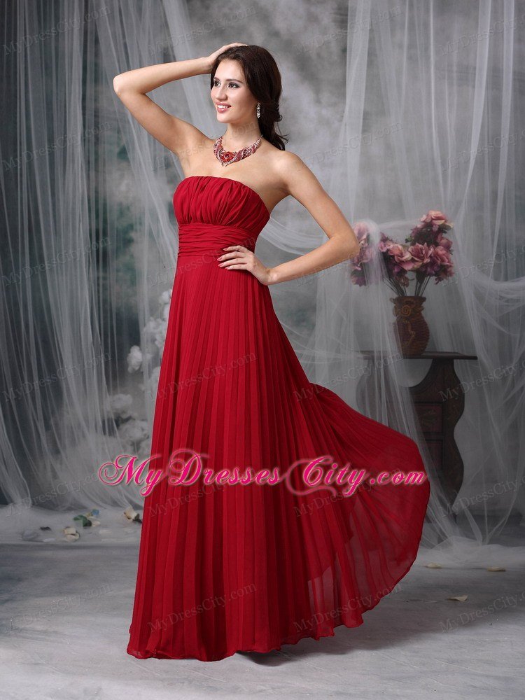 Wine Red Celebrity Dress Empire Strapless Chiffon Ruche Floor-length