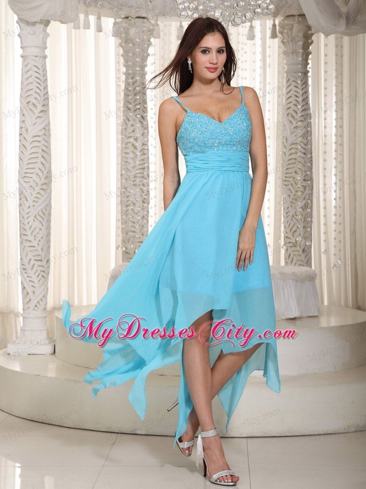 Asymmetrical Baby Blue Empire Straps Chiffon Celebrity Dress Ruche