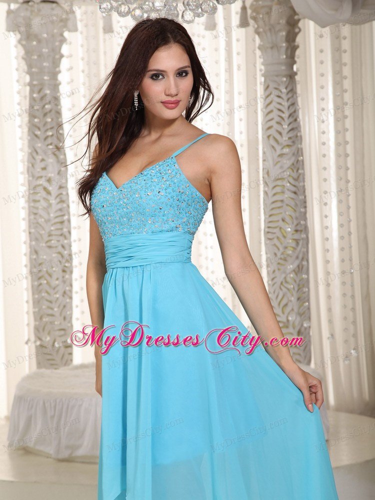 Asymmetrical Baby Blue Empire Straps Chiffon Celebrity Dress Ruche