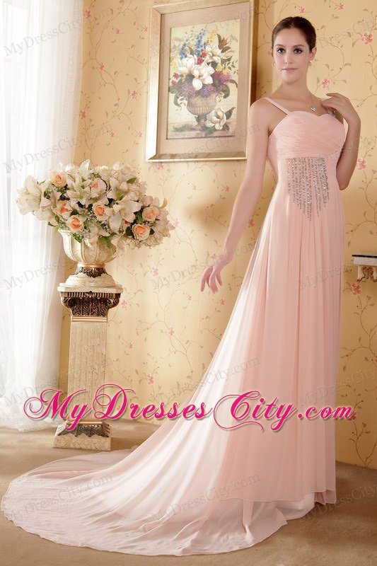 Empire Straps Baby Pink Court Train Beading and Ruche Celebrity Dress