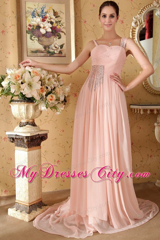 Empire Straps Baby Pink Court Train Beading and Ruche Celebrity Dress