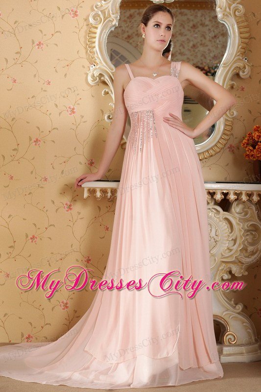 Empire Straps Baby Pink Court Train Beading and Ruche Celebrity Dress