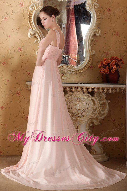 Empire Straps Baby Pink Court Train Beading and Ruche Celebrity Dress