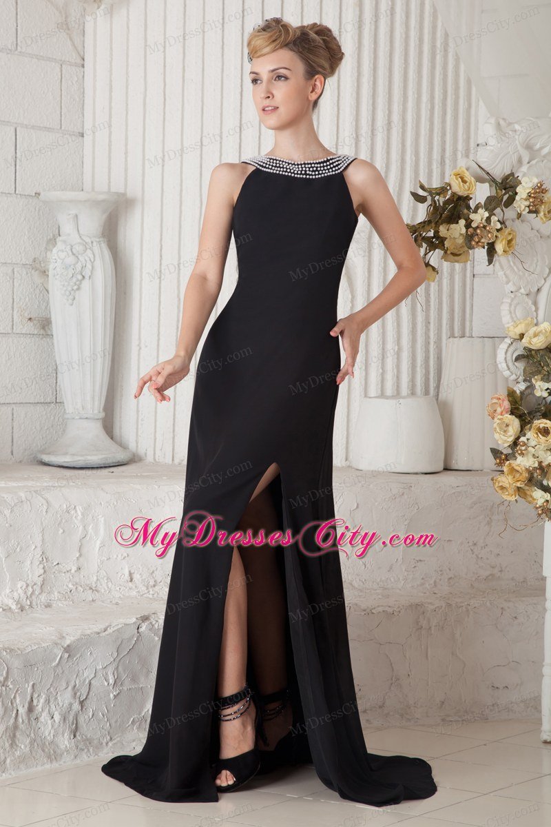 Black Column Beaded Bateau Celebrity Dress Brush Train Chiffon with Slit