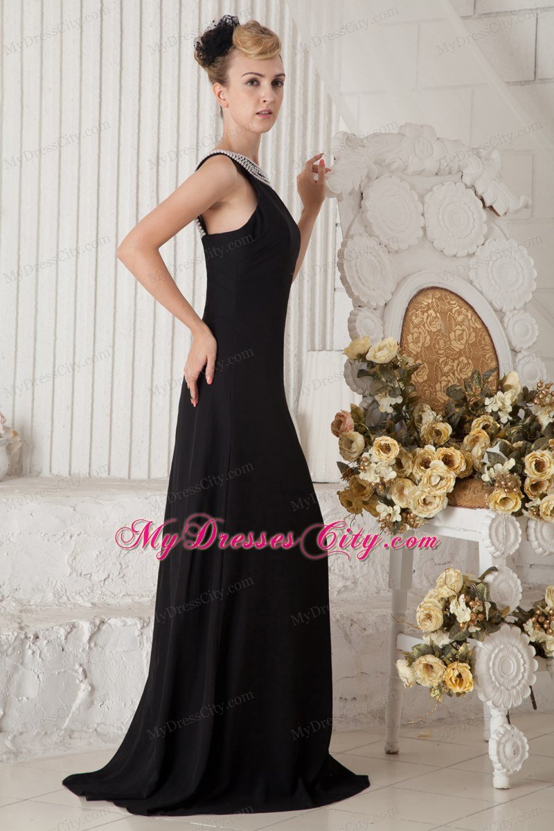 Black Column Beaded Bateau Celebrity Dress Brush Train Chiffon with Slit