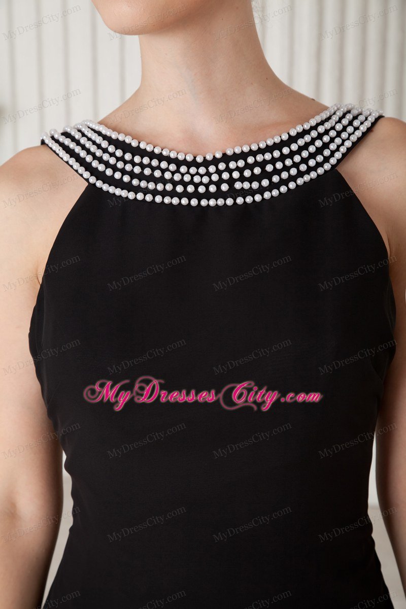 Black Column Beaded Bateau Celebrity Dress Brush Train Chiffon with Slit