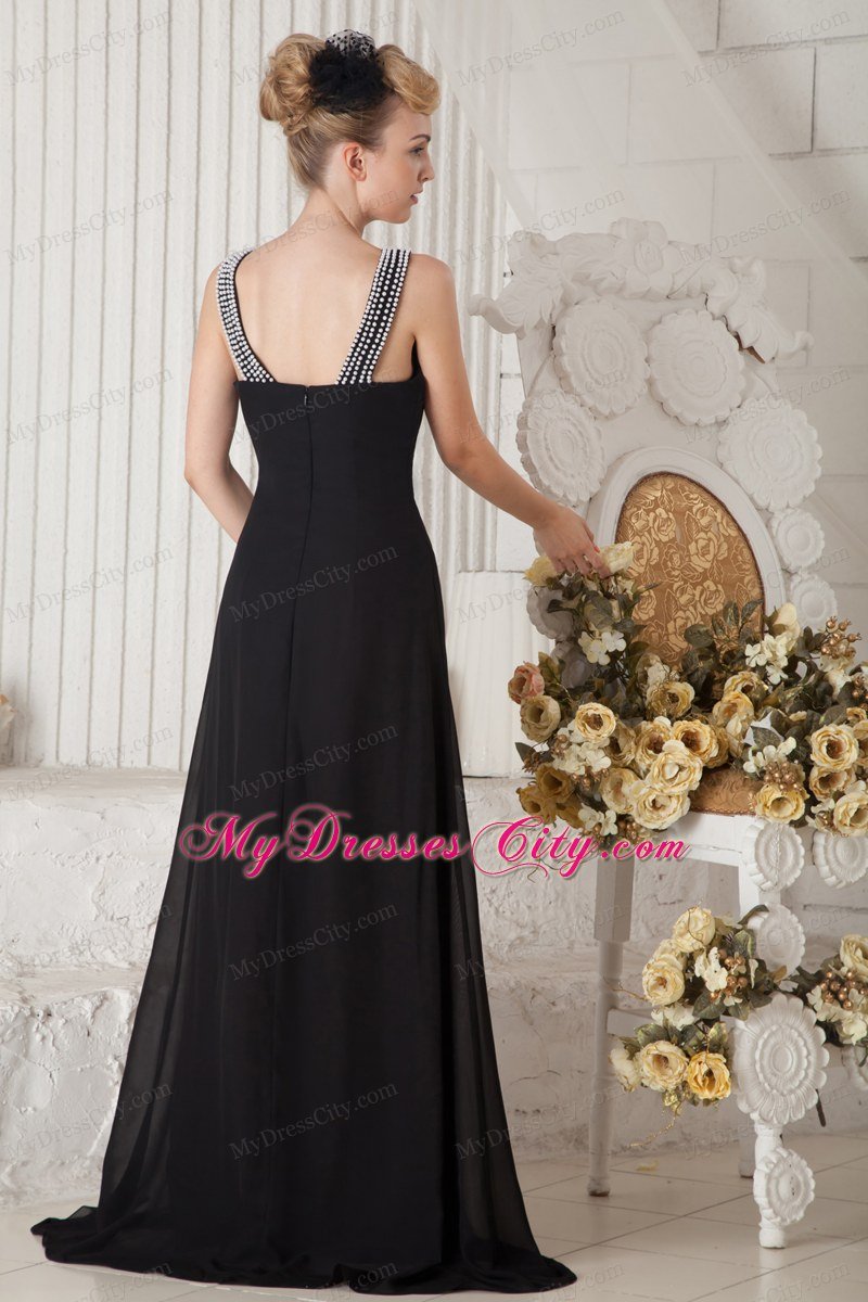 Black Column Beaded Bateau Celebrity Dress Brush Train Chiffon with Slit