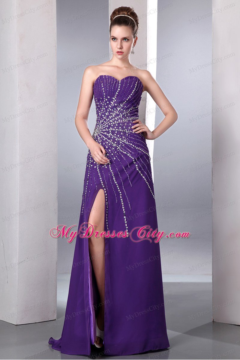 Purple Column Sweetheart Chiffon Beading Celebrity Dress with High Slit