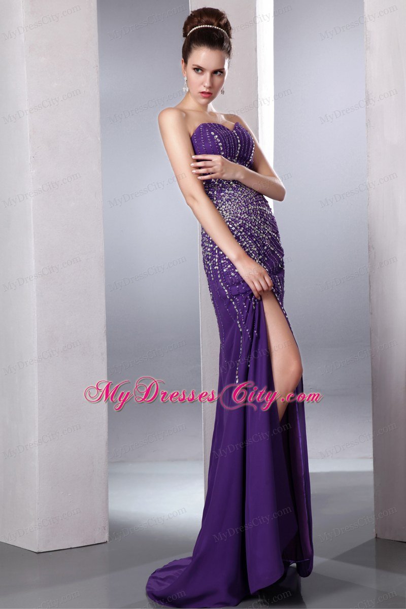 Purple Column Sweetheart Chiffon Beading Celebrity Dress with High Slit