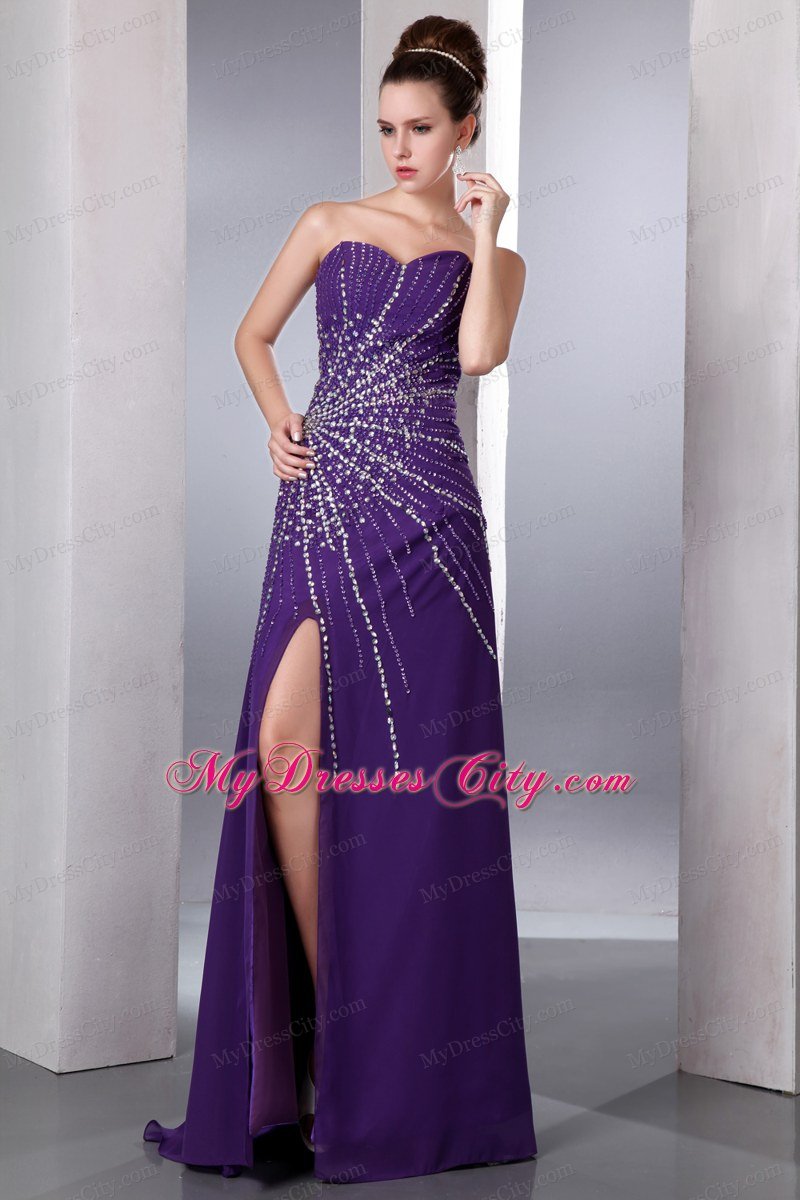 Purple Column Sweetheart Chiffon Beading Celebrity Dress with High Slit