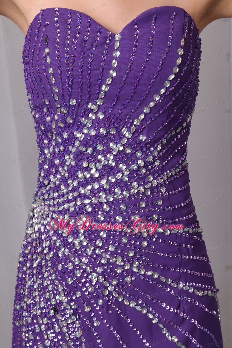 Purple Column Sweetheart Chiffon Beading Celebrity Dress with High Slit