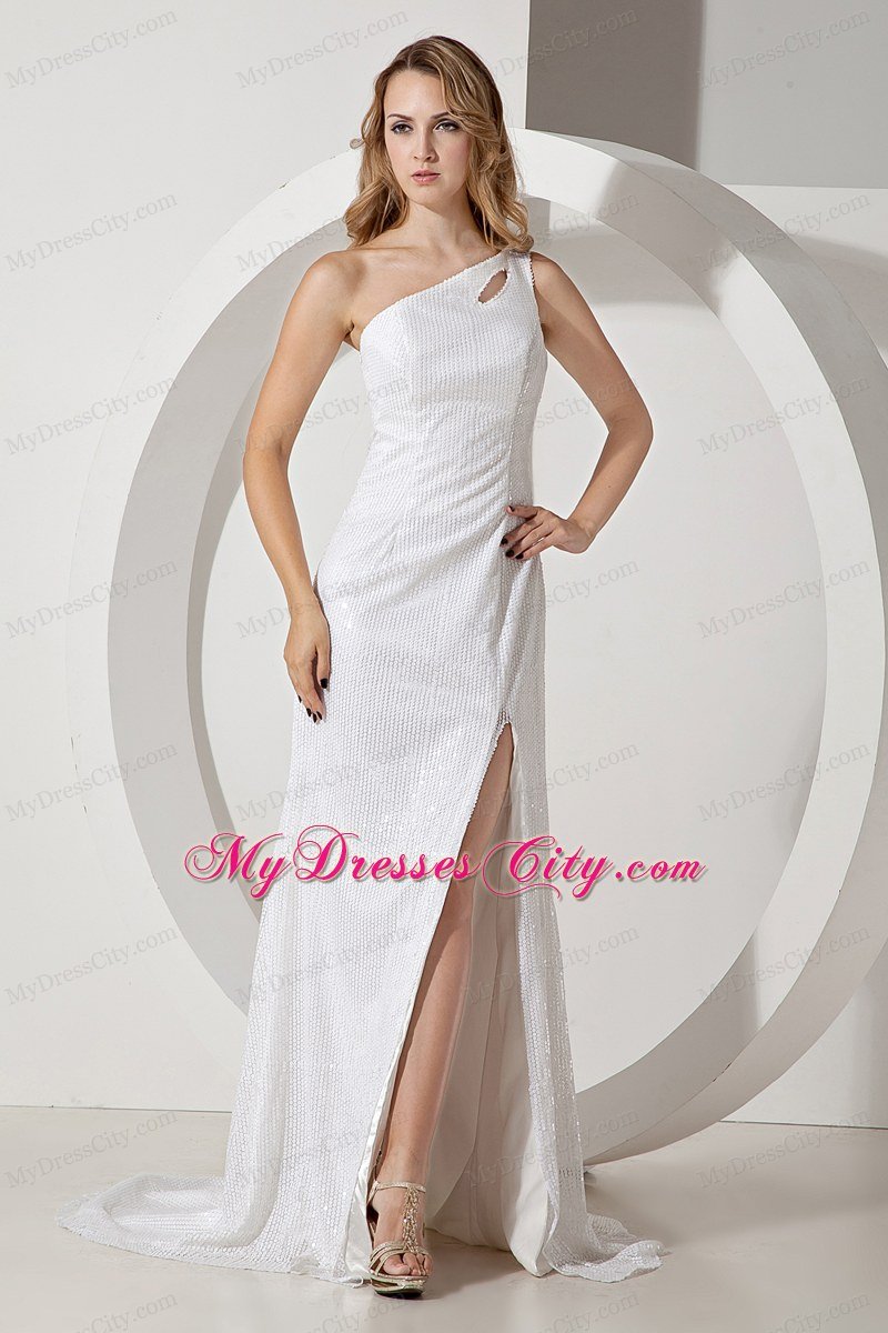 White Sequin Column One Shoulder Celebrity Dress with Brush Train