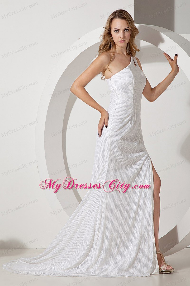 White Sequin Column One Shoulder Celebrity Dress with Brush Train