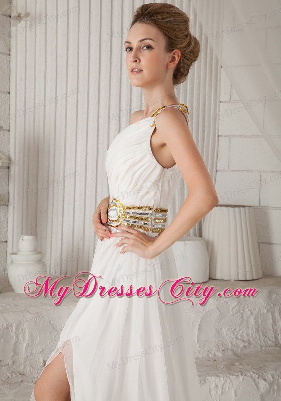 Sequins Waistband White A-Line One Shoulder Celebrity Dresses