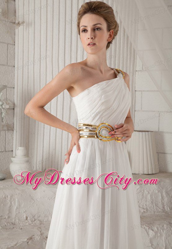Sequins Waistband White A-Line One Shoulder Celebrity Dresses