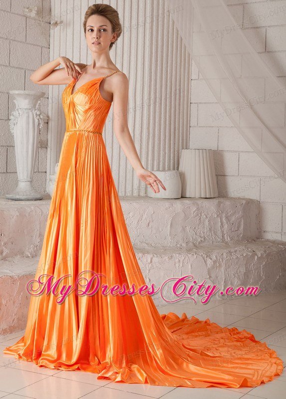 Spaghetti Straps Prom Dress Orange Red with Court Train