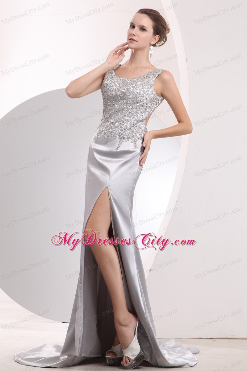 Sliver Scoop Taffeta Beading Prom Dress with Brush Train