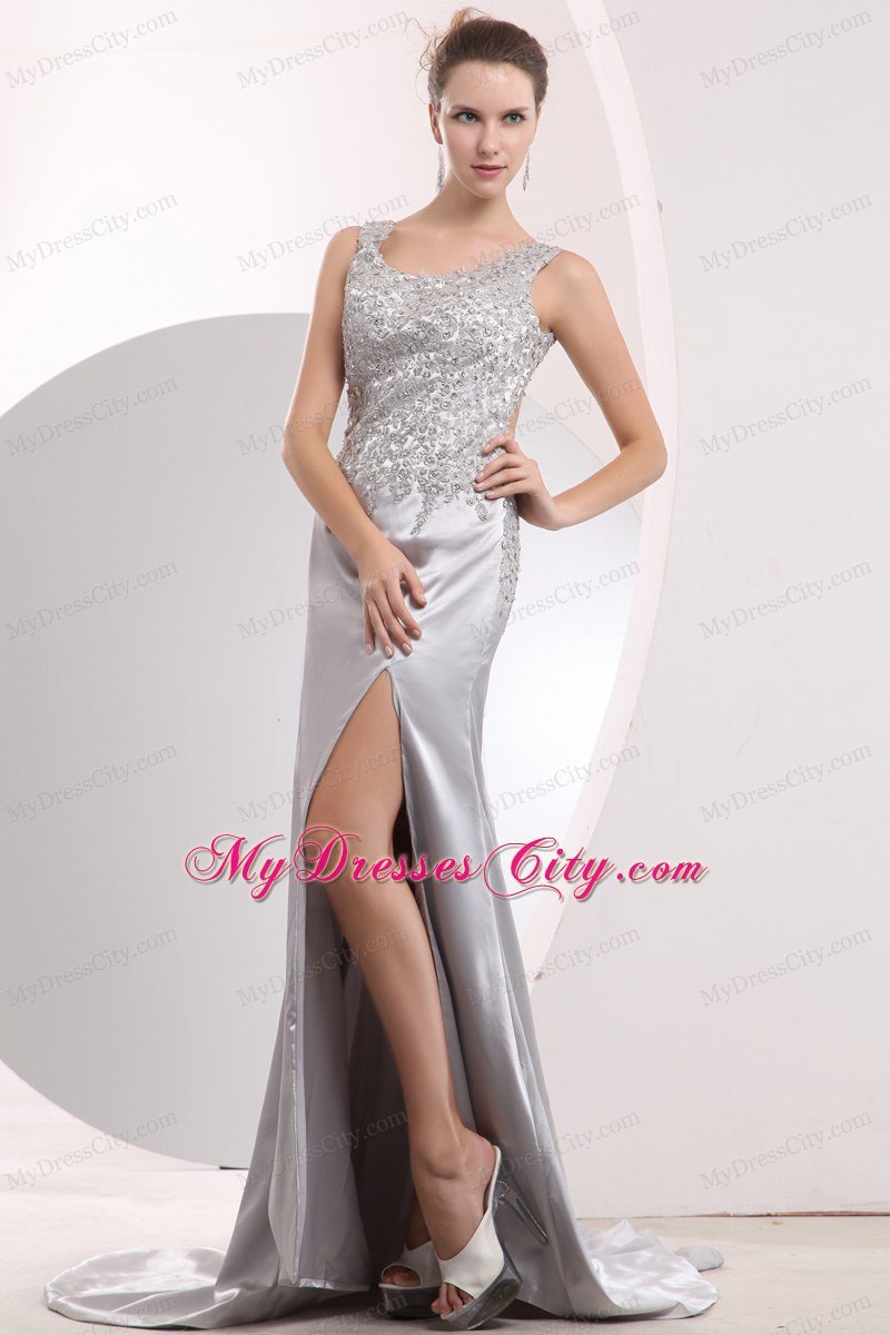 Sliver Scoop Taffeta Beading Prom Dress with Brush Train