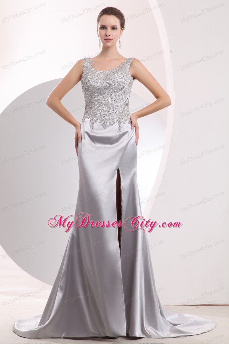 Sliver Scoop Taffeta Beading Prom Dress with Brush Train