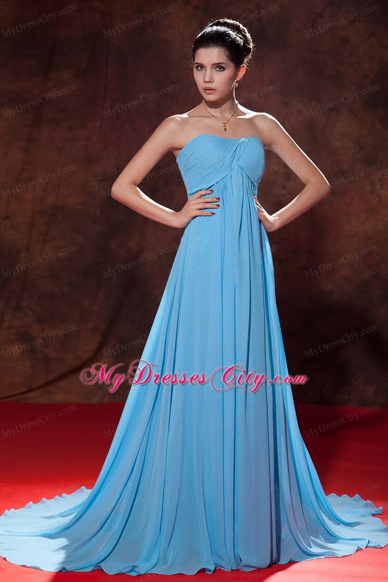 Aqua Blue Strapless Evening Dress with Court Tain Ruches