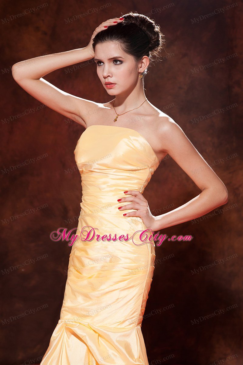 Gold Prom Dress Mermaid Strapless Floor-length with Ruches