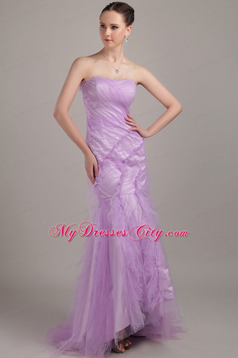 Mermaid Strapless Brush Train Ruched Lavender Prom Dress