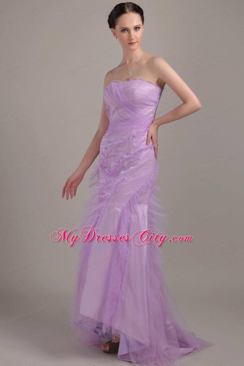 Mermaid Strapless Brush Train Ruched Lavender Prom Dress