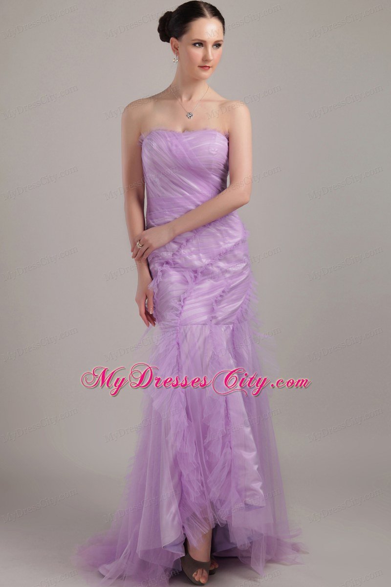 Mermaid Strapless Brush Train Ruched Lavender Prom Dress