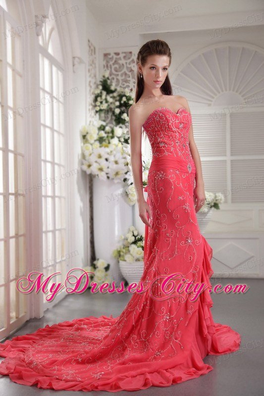 Sweetheart Court Train Appliques Coral Red Prom Dress