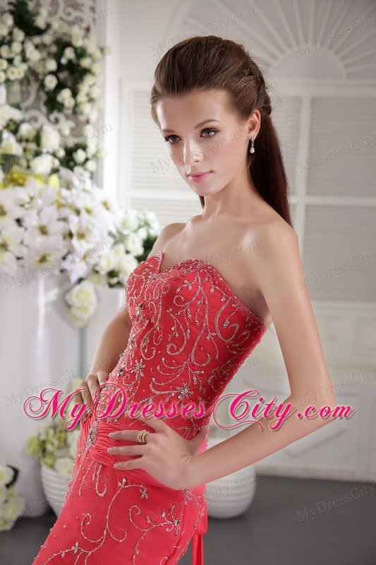 Sweetheart Court Train Appliques Coral Red Prom Dress