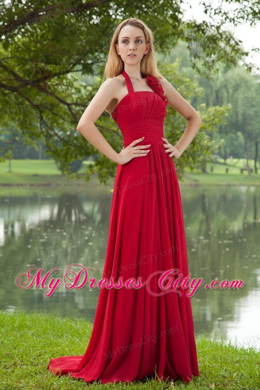 Red Empire Halter Brush Train Chiffon Ruching Celebrity Dress