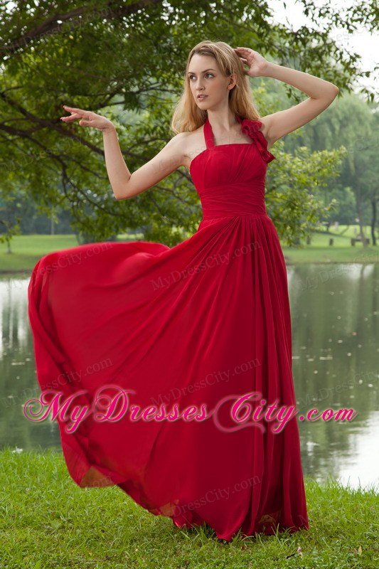 Red Empire Halter Brush Train Chiffon Ruching Celebrity Dress