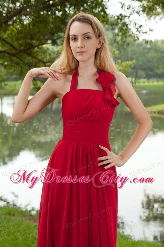 Red Empire Halter Brush Train Chiffon Ruching Celebrity Dress