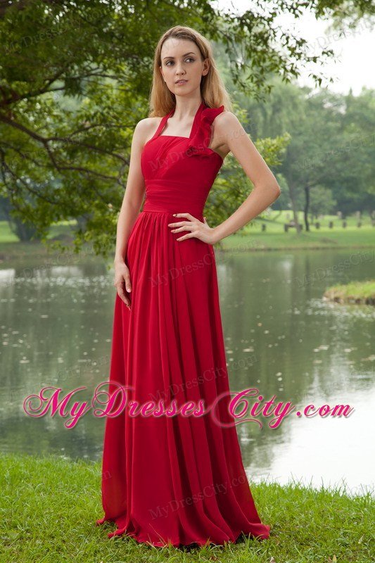 Red Empire Halter Brush Train Chiffon Ruching Celebrity Dress