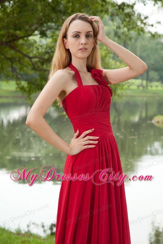 Red Empire Halter Brush Train Chiffon Ruching Celebrity Dress