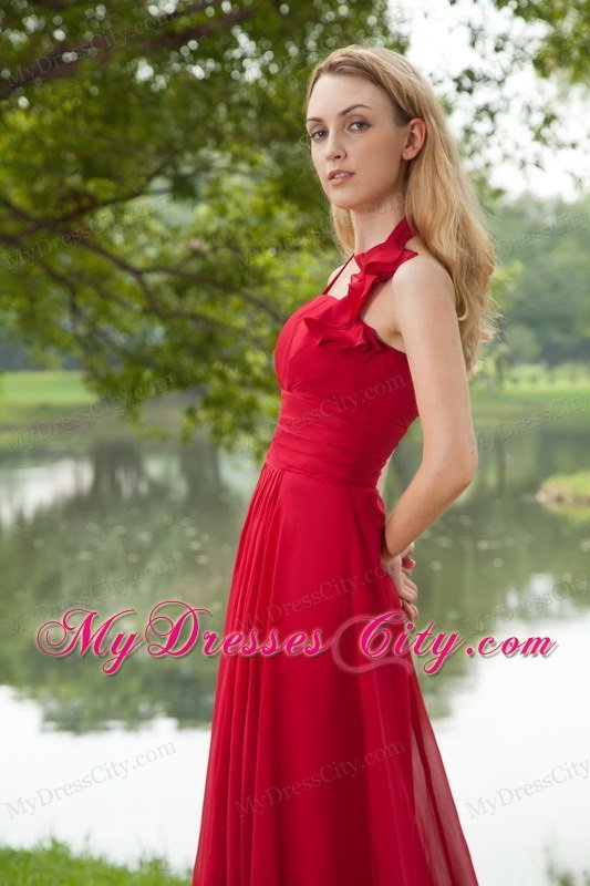 Red Empire Halter Brush Train Chiffon Ruching Celebrity Dress