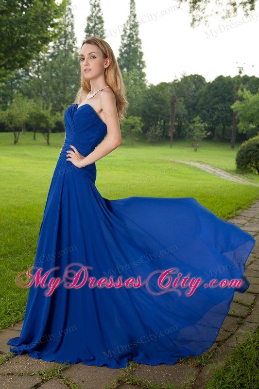 Blue Empire Sweetheart Brush Train Ruched Slit Celebrity Dress