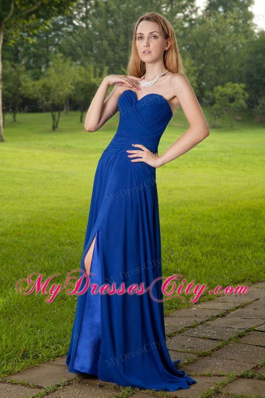 Blue Empire Sweetheart Brush Train Ruched Slit Celebrity Dress