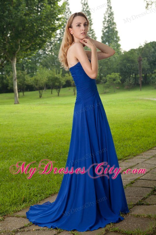 Blue Empire Sweetheart Brush Train Ruched Slit Celebrity Dress