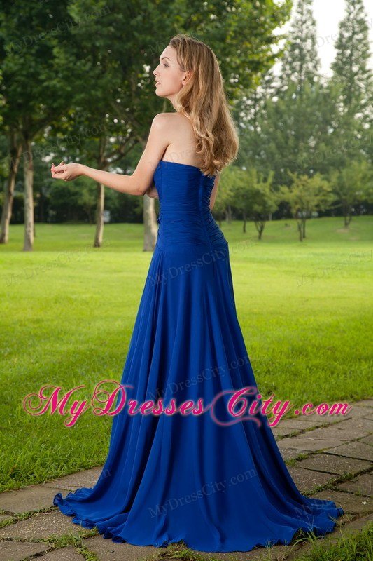 Blue Empire Sweetheart Brush Train Ruched Slit Celebrity Dress