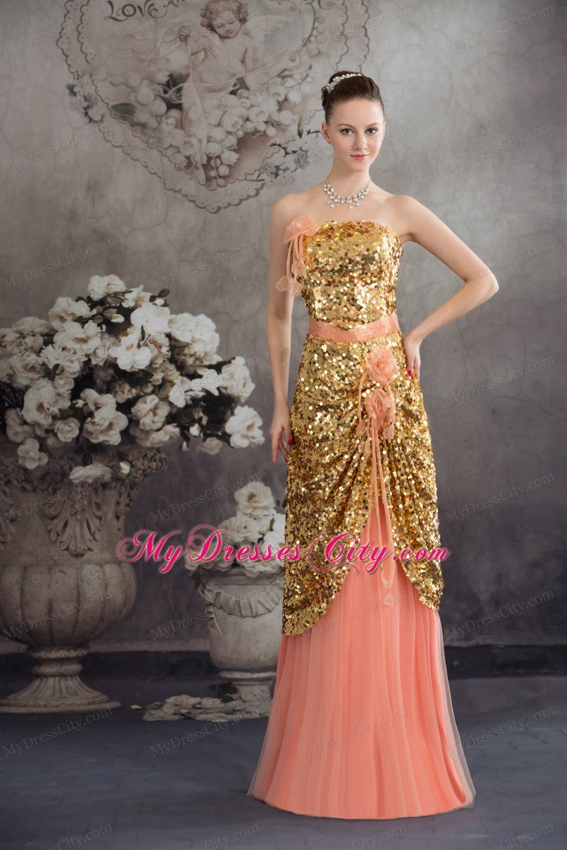 Gold and Pinkish Salmon Sequined Strapless Layered Dress for Celebrity