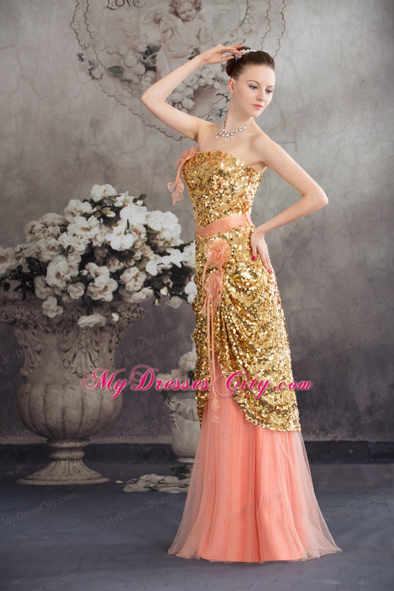 Gold and Pinkish Salmon Sequined Strapless Layered Dress for Celebrity