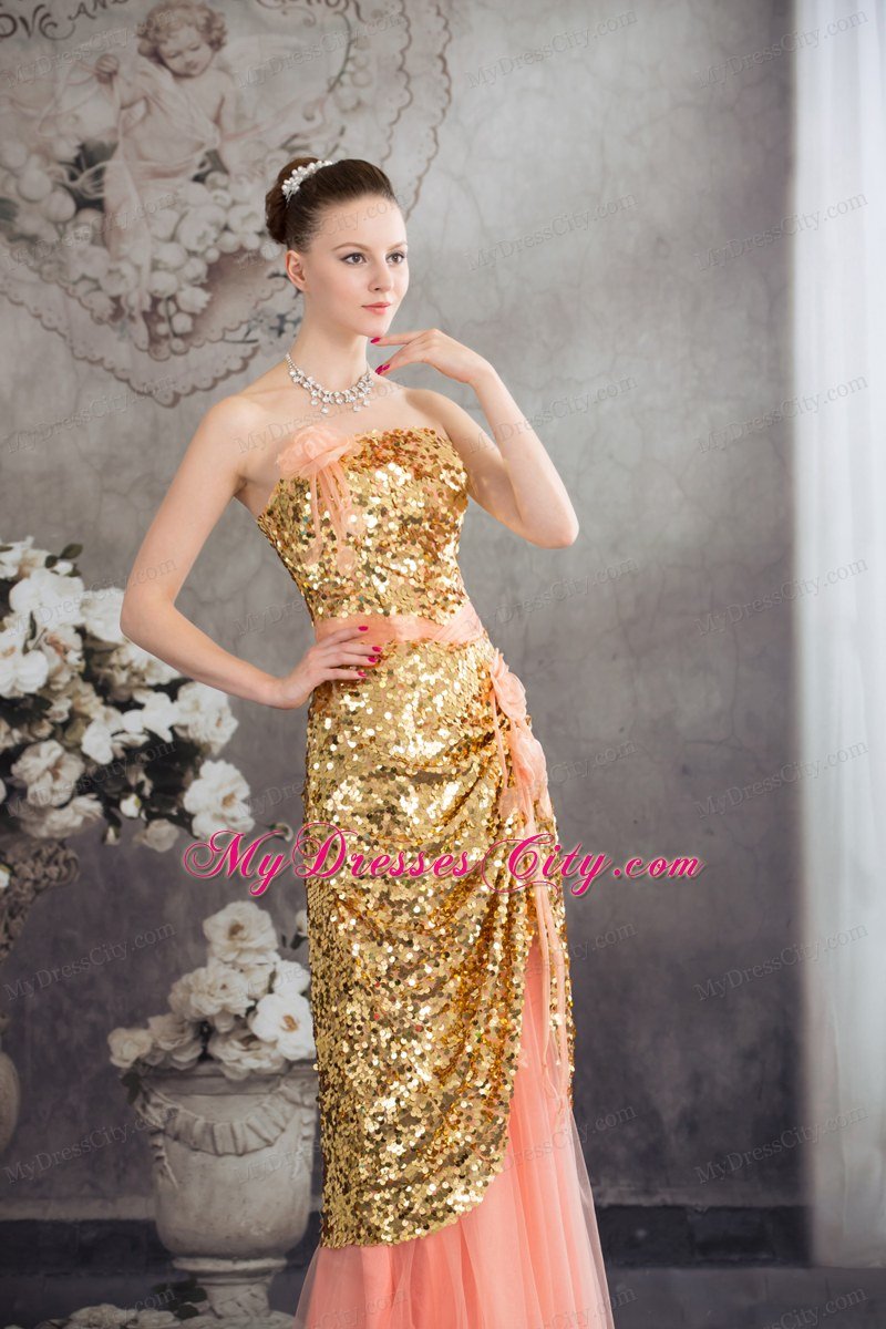 Gold and Pinkish Salmon Sequined Strapless Layered Dress for Celebrity